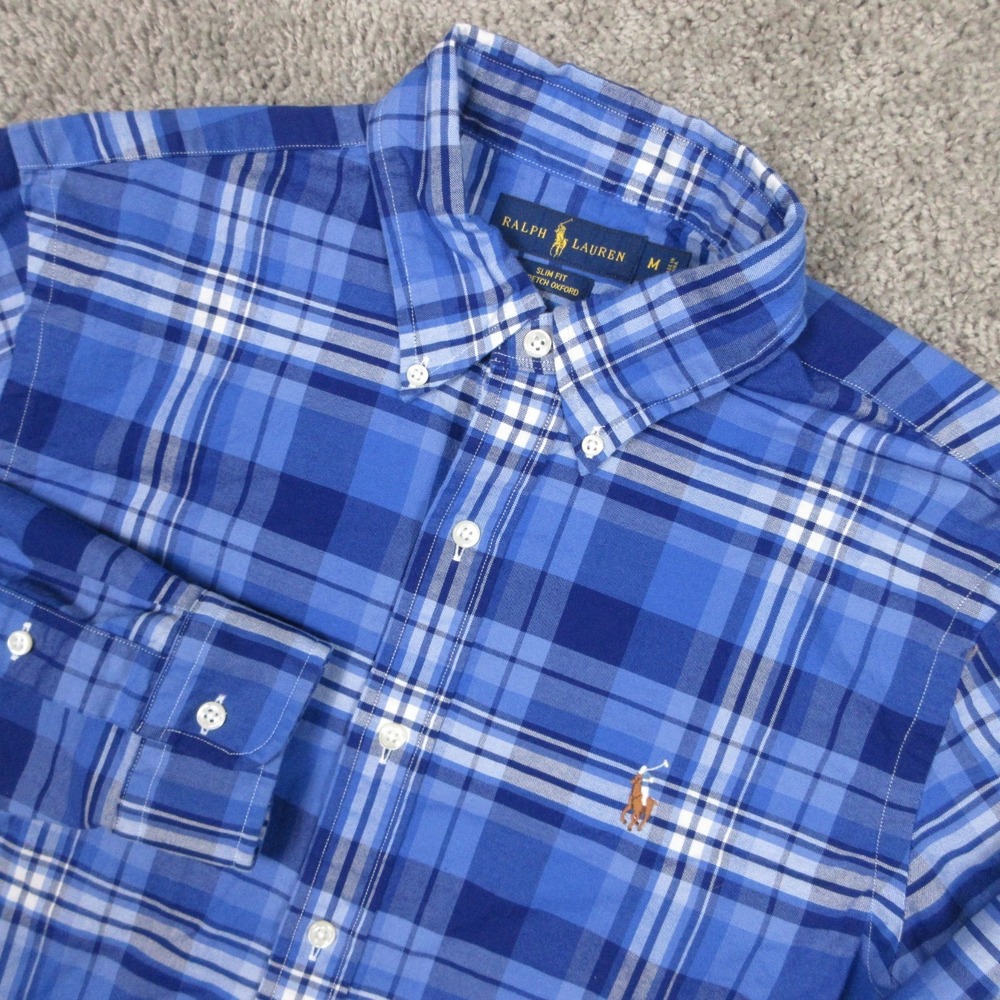 Ralph Lauren Shirt Mens Medium Blue Plaid Oxford  Cloth Flesh Pony Button Up